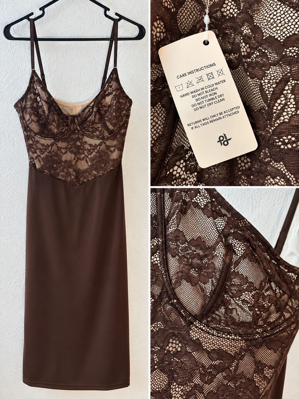 Poplush XL Brown Lace Bodice Slip Dress - Women Intimates & Sleepwear